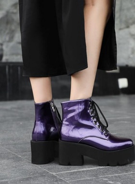 鞋子漆皮亮皮系带鞋松糕厚底马丁靴高跟短靴黄色紫色大码女靴 HTM