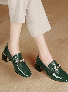 春秋皮鞋方头粗跟中跟浅口单鞋女墨绿色鞋子全皮真皮女鞋大码鞋DL