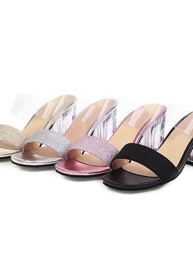 夏季金色银色紫色女鞋粗跟高跟凉拖鞋大码拖鞋小码女拖 32-48 JX