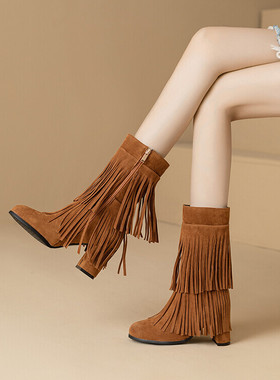 磨砂绒面短靴女粗跟中筒高跟流苏靴秋冬瘦瘦靴驼色酒红色靴子 YGP