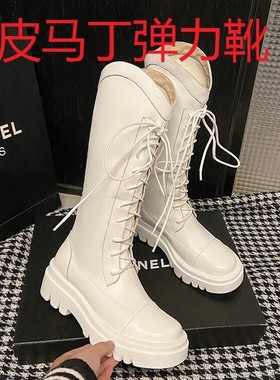 圆头单靴厚底马丁靴白色靴子系带学院高筒靴女真皮大码女靴 NSZX