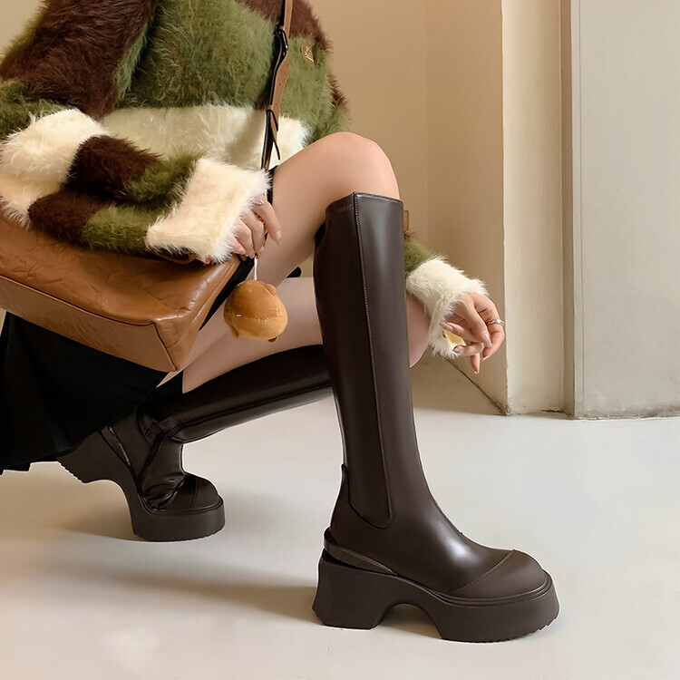 秋冬款女鞋高筒长靴圆头松糕底皮靴真皮女靴MK