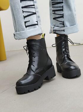 新款松糕厚底马丁靴机车靴短靴中跟系带杏色绿色靴子大码女靴 DL