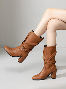 欧美外贸秋冬皮靴粗跟高跟中筒靴女焦糖色棕色骑士靴大码女靴YGP