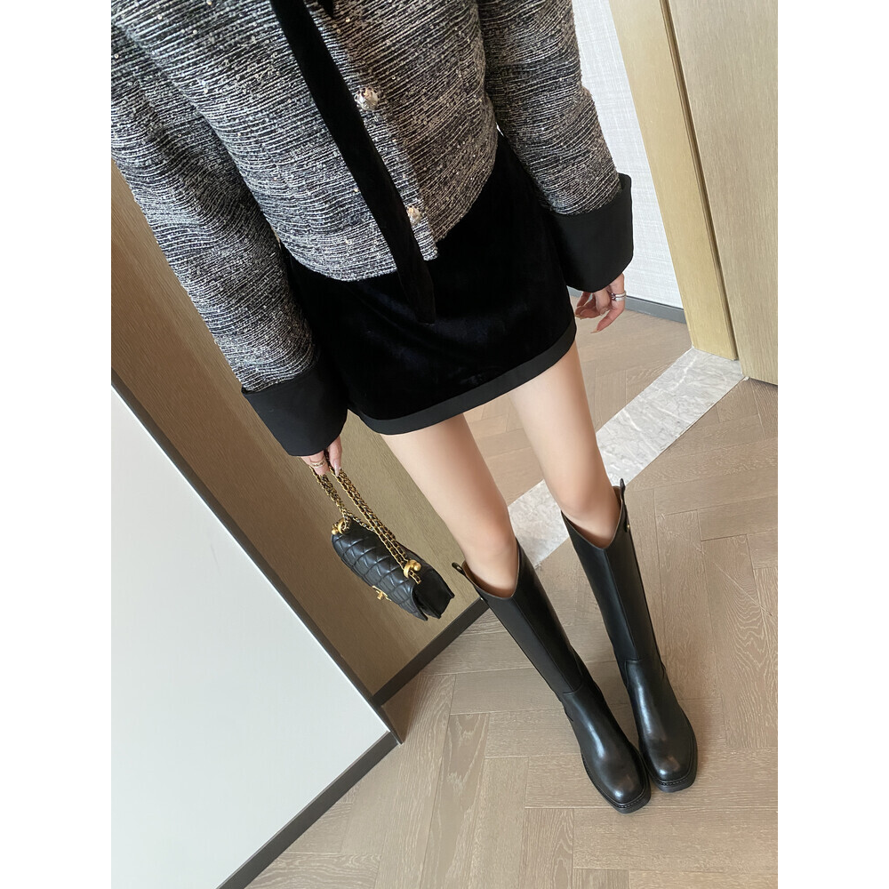 皮靴粗跟中跟高筒女加宽加肥加大筒围真皮女靴大码靴子胖妹妹 PMM