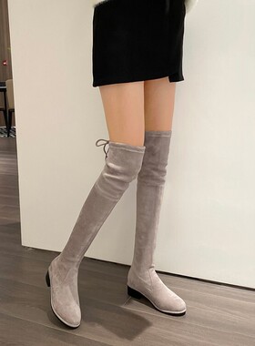 绒面粗跟中跟过膝长靴真皮绒弹力瘦瘦靴长筒靴卡其色灰色靴子 KM