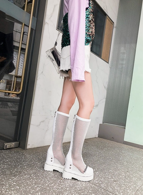 春秋夏靴女厚底高跟高筒靴镂空网靴单靴凉靴白色靴子真皮女靴 YT
