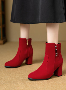 秋冬欧美外贸圆头粗跟高跟短靴女红色靴子婚鞋磨砂绒面大码靴YGP