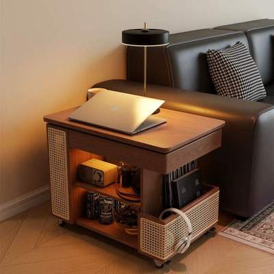 实木可移动边几巴士升降茶几家用客厅沙发边柜子中古风小推车简易