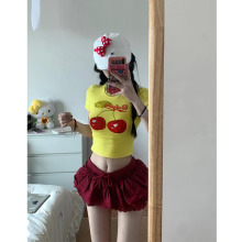 美式辣妹水果印花正肩短款短袖t恤女修身小个子休闲百搭显瘦上衣