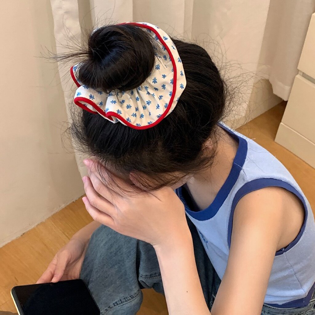 碎花甜美手工格大肠发圈丸子头