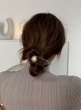 法式简约～高级感一颗珍珠发圈黑色大肠圈ins韩国甜美发绳头饰