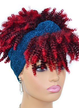 外贸假发黑色非洲小卷渐变爆炸头头发套头巾发带洋气减龄假发帽