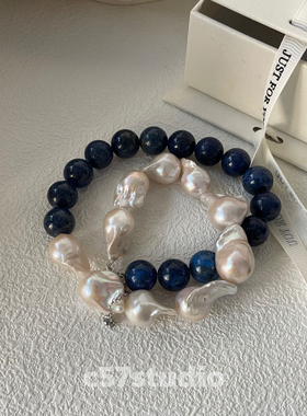 c57原创设计青金石大巴不规则巴洛克珍珠项链纯银锁骨链