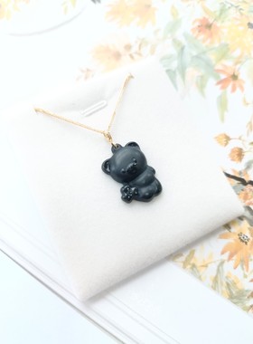 天然和田玉石墨玉水滴小熊吊坠18k金扣头项链颈饰赠鉴定证书