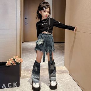 女童韩版网红牛仔裤2026春装新款女大童两节腿套五角星裤子潮流