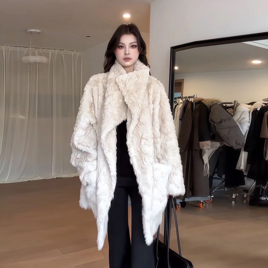 人造皮草 休闲风显瘦洋气翻领中长款刷花环保皮草外套毛毛大衣冬