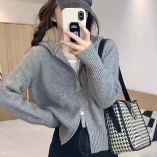 网红潮款！双拉链100%纯羊毛开衫女连帽毛衣外套加厚休闲针织衫春