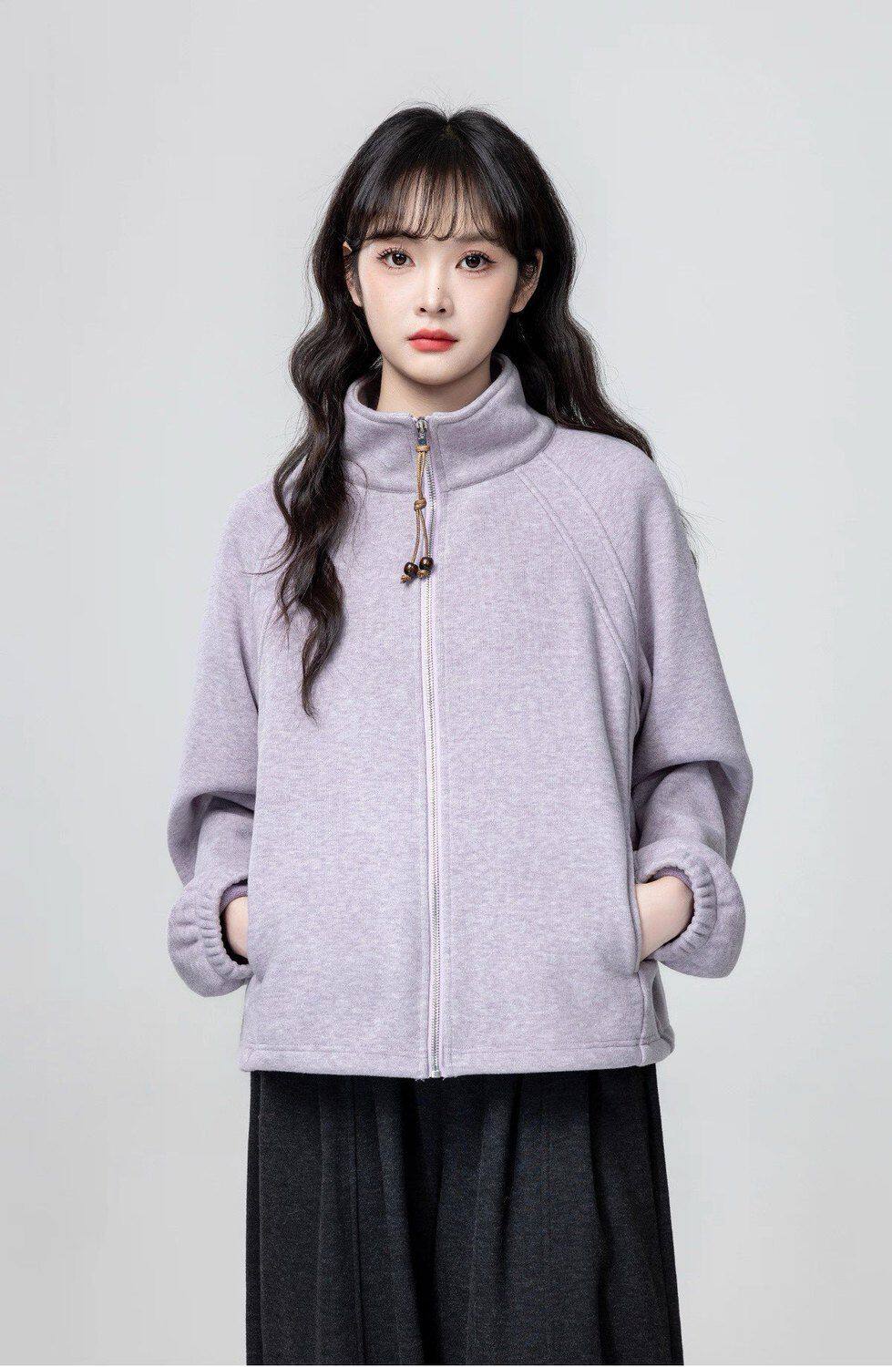 2026春季新款宽松大码立领拉链开衫休闲上衣淡紫色高领卫衣外套女