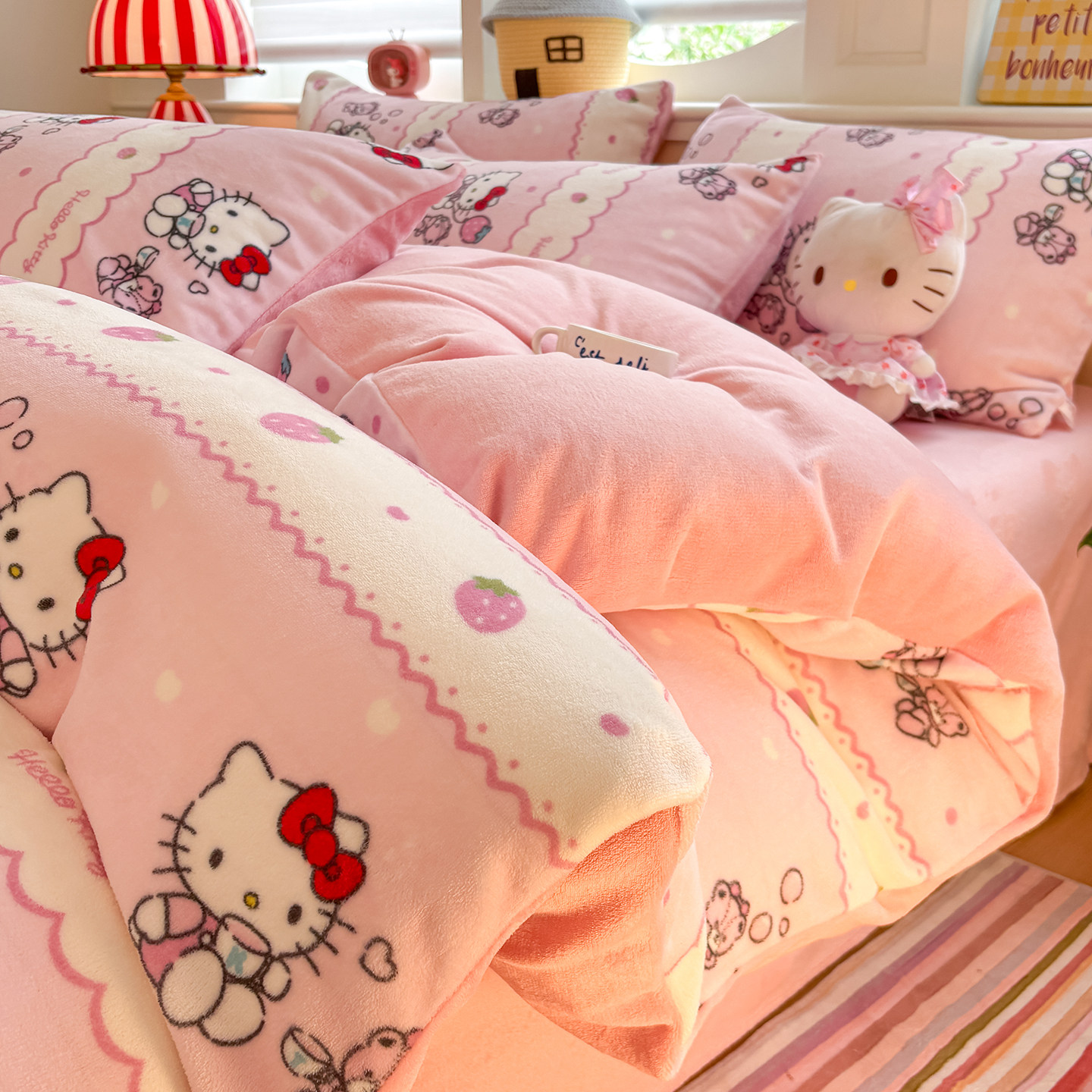 HelloKitty加厚牛奶绒床上四件套A类珊瑚绒被套卡通床单人三件套