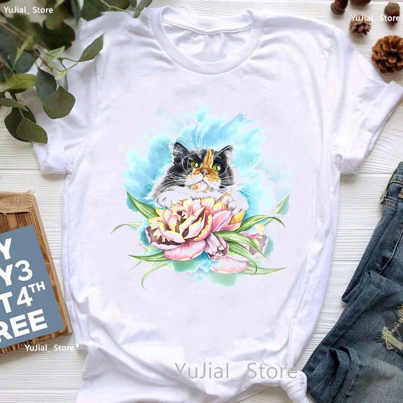 Watercolor floral dog T shirt夏季水彩花卉小狗短袖女款上衣T恤