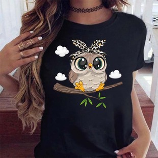 Cartoon Print Owl Shirt卡通可爱猫头鹰印花甜美小众宽松t恤女