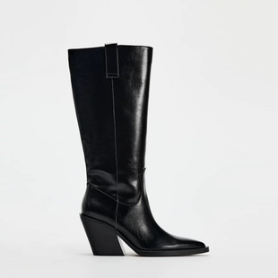 ZA2025秋冬新款 尖头西部牛仔靴英伦风高跟骑士靴女粗跟黑色长筒靴