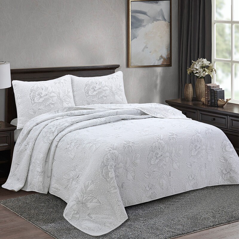 2024年新款欧美全棉绗缝被绣花床盖三件套双面夹棉床单加厚白色