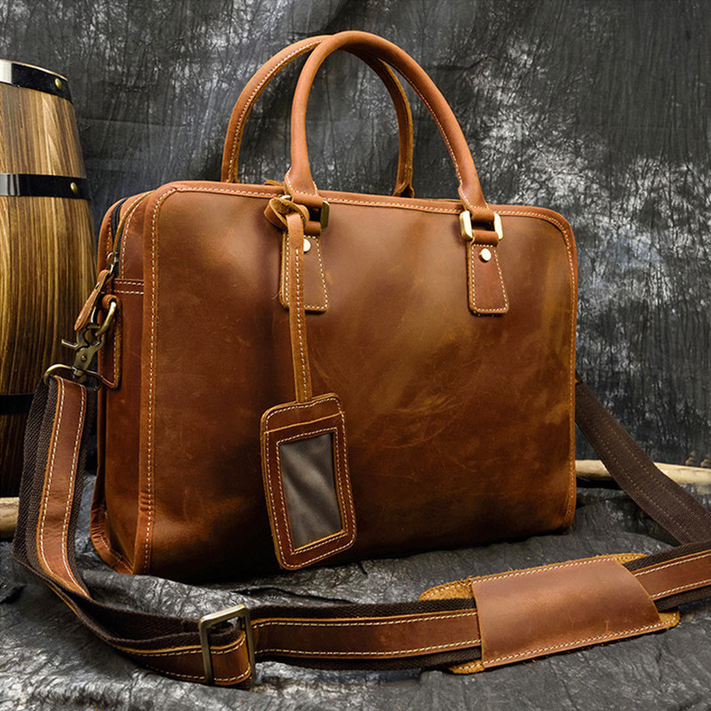 复古疯马皮男士真皮公文包通勤商务包头层牛皮手提包14寸电脑包