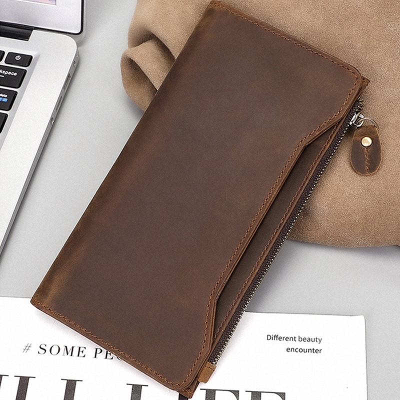 复古疯马皮男士长款钱包手工真皮钱夹多卡位防盗刷皮夹票据登机牌