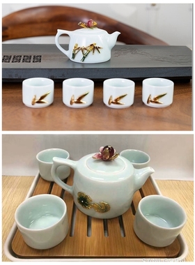 竹子韵琅彩陶瓷茶具套装一壶四杯青釉日式陶瓷功夫茶具带茶盘礼品