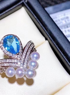 尚美皇冠V字天然珍珠戒指，海蓝宝纯银精工镶嵌3-4MM正圆无瑕珍珠