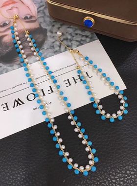 编织蓝松石可调节天然淡水珍珠