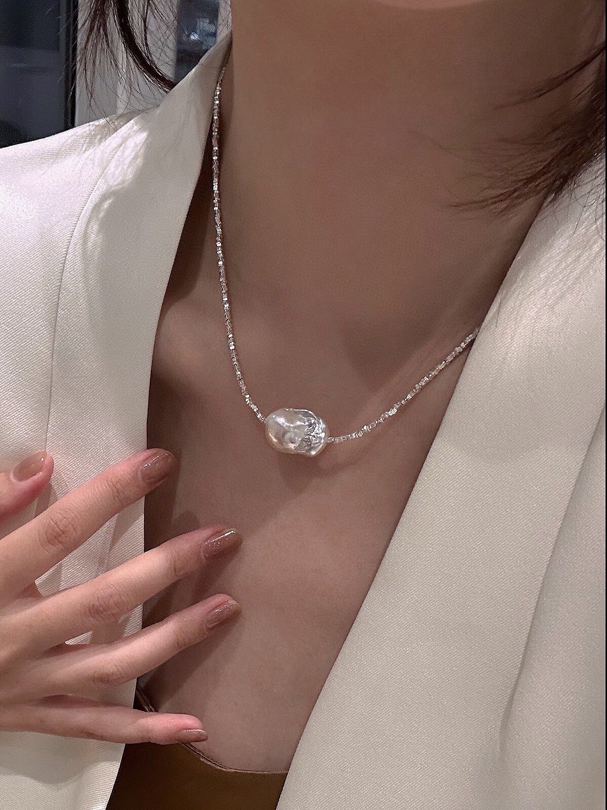 天然巴洛克珍珠碎银子项链颈链，极简冷淡风油画质感纯银碎银大巴