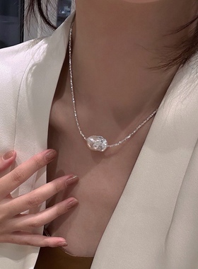 天然巴洛克珍珠碎银子项链颈链，极简冷淡风油画质感纯银碎银大巴