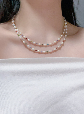 彩色切面水晶珍珠毛衣链，4-5MM米形天然淡水珍珠 90CM双层可戴