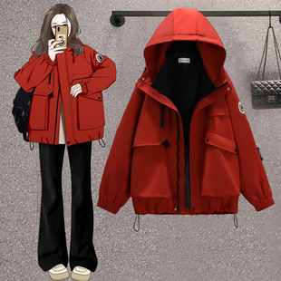 2025年新款 帅气宽松减龄显瘦连帽山本风风衣外套女 春秋装 胖MM大码