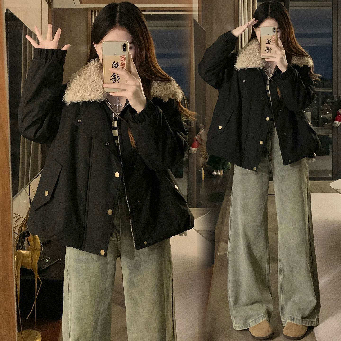 胖MM大码显瘦宽松连帽毛领棉服