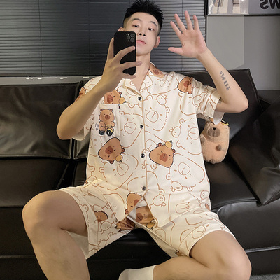 青少年睡衣男士夏季纯棉短袖套装