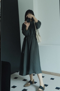 【ins灰春天的样子】早秋简约韩系显瘦百搭纯色肌理感连衣裙