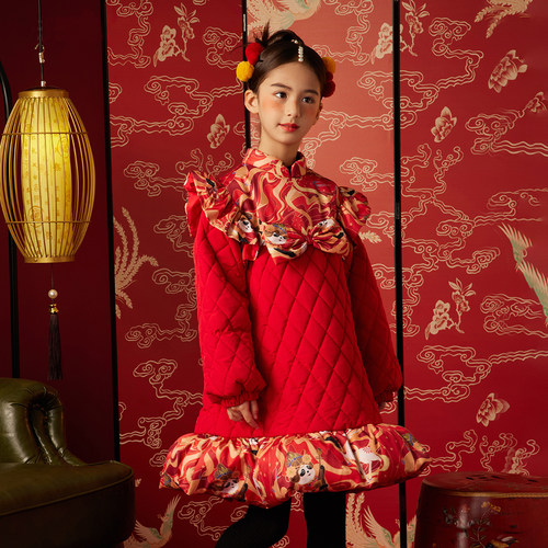 【飞天熊猫】笛牧女童棉服2025冬新款洋气红色国潮儿童加厚棉服裙