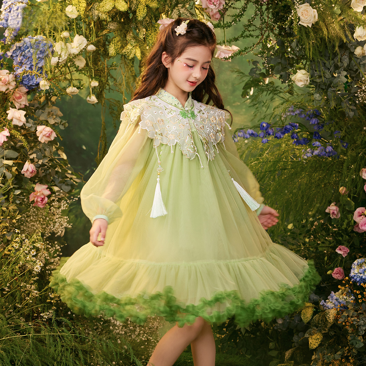 笛牧女童连衣裙2025秋新款洋气时尚小女孩儿童超仙网纱蓬蓬公主裙