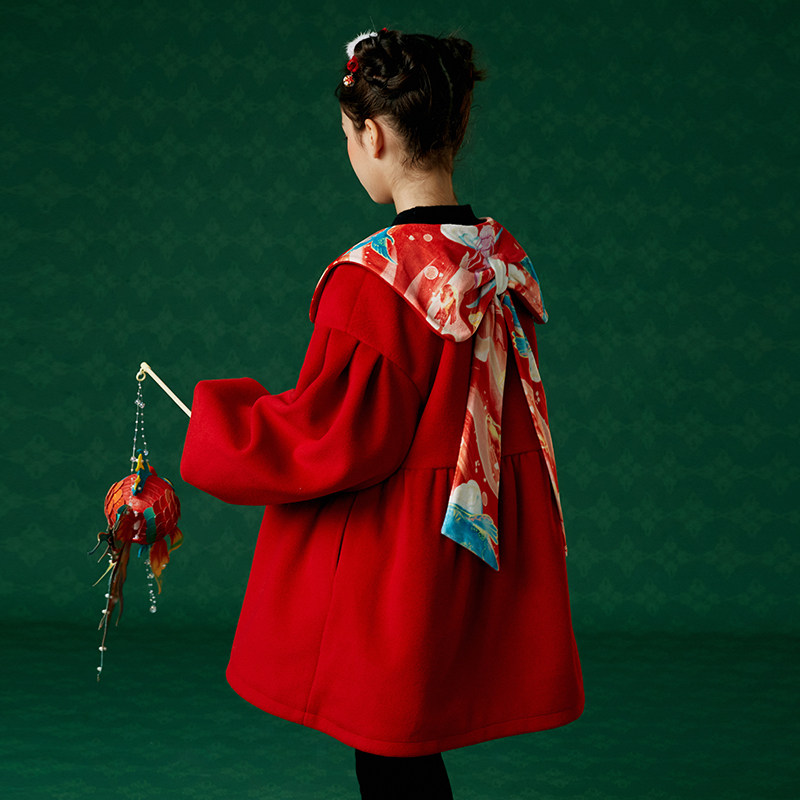 笛牧女童外套2025秋冬装新款洋气加厚国潮新年印花小女孩呢大衣