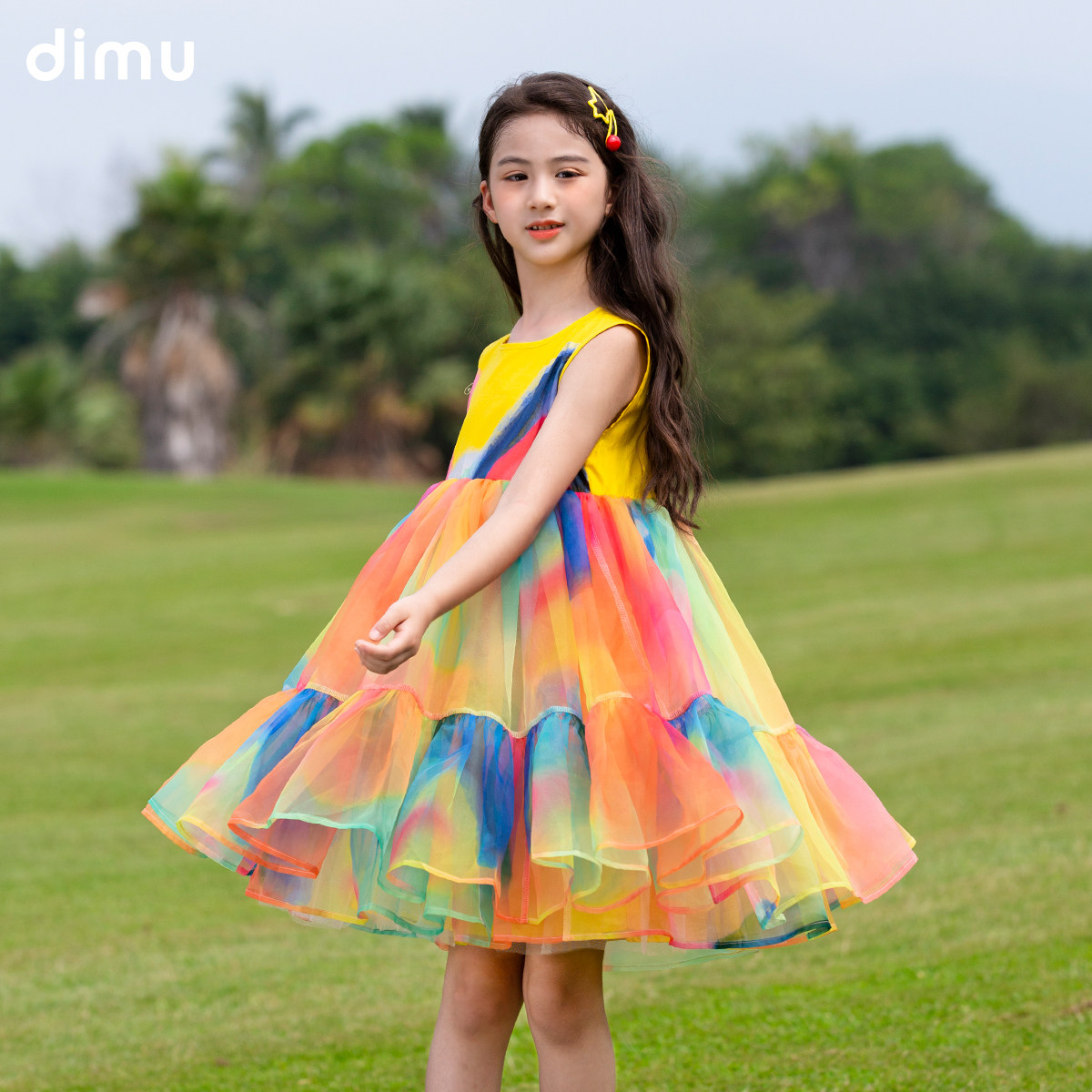 笛牧女童连衣裙2026夏季新款彩虹多巴胺欧根廷纱小女孩公主裙子