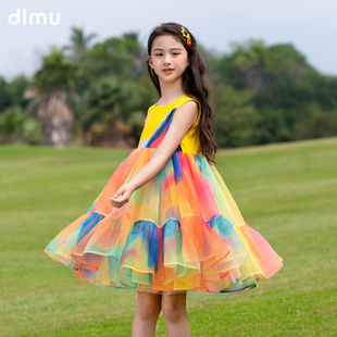 笛牧女童连衣裙2026夏季新款彩虹多巴胺欧根廷纱小女孩公主裙子
