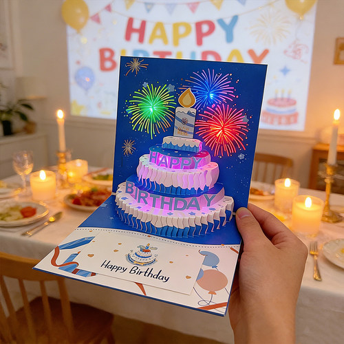 生日音乐礼花吹蜡烛3D蛋糕立体贺卡祝福卡片创意贺卡礼物礼品男女