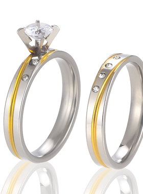 新泱情侣钛钢双色金钻戒