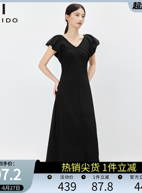 傲丝度法式赫本风黑色V领连衣裙女飞飞袖收腰显瘦气质长裙夏装