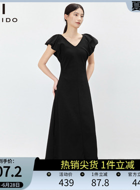 傲丝度法式赫本风黑色V领连衣裙女飞飞袖收腰显瘦气质长裙夏装