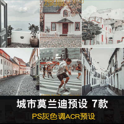 PS预设莫兰迪城市街拍风景高级灰 摄影后期ACR调色滤镜7款灰色调